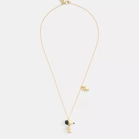 NWT Coach X Peanuts Snoopy And Woodstock Pendant Necklace CCA48 Gold /Black - Picture 7 of 8